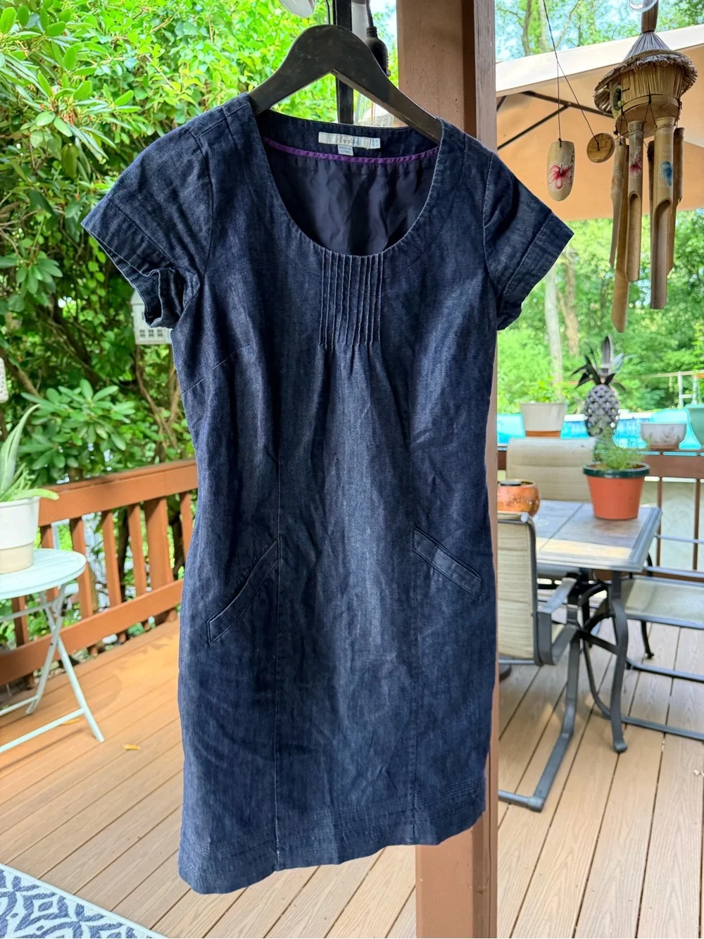 Boden Navy Short-Sleeve Denim-Texture Shift Dress
